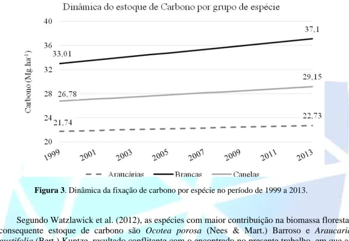 Figura 3. Dinâmica da fixação de carbono por espécie no período de 1999 a 2013.