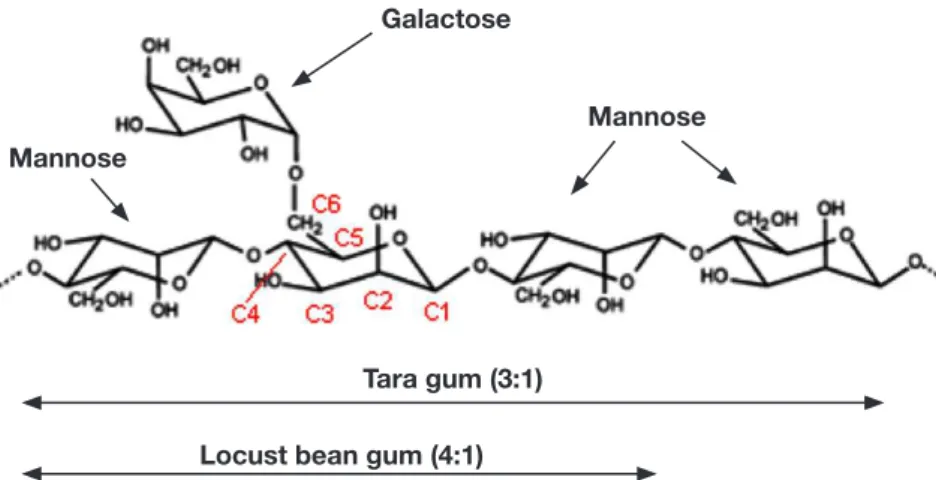 Figure  2.  Structure  des  galactomannanes  de  la  gomme  de  caroube  et  de  la  gomme tara (d’après Sittikijyothin et al., 2005) — Locust bean gum and tara  gum galactomannan’s structure (according to Sittikijyothin et al., 2005).