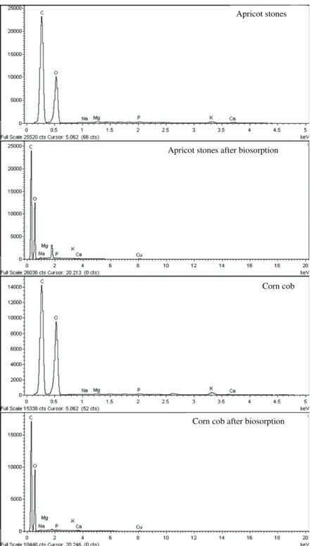 Figure 2. The EDX spectra of apricot stones and corn cobs before and after adsorption of metal