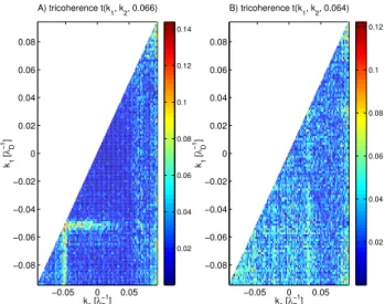 Fig. 6. The auto-tricoherence t EEEE (k 1 , k 2 , k 3 ). Left panel shows the tricoherence computed for a fixed value of k 3 = 0.066λ D , corresponding to the strongest Langmuir mode in the spectrum.