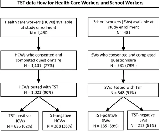 Fig 1. Data flow for health-care workers and school workers from ten health-care catchment areas in Kigali, Rwanda.
