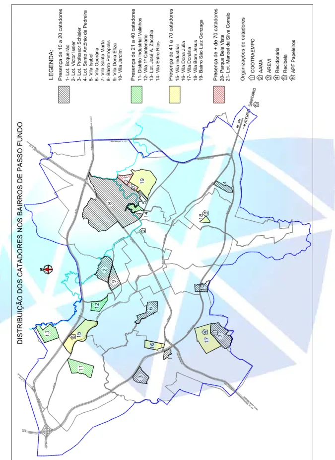 Figura 7. Mapa da distribuição dos catadores nos bairros de Passo Fundo e localização das organizações  Fonte: Adaptado do mapa oficial da cidade de Passo Fundo (PASSO FUNDO, 2009)