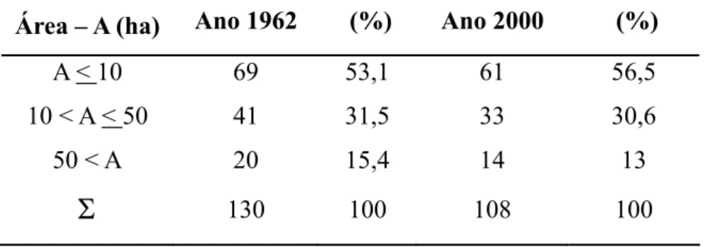 Tabela 2 - Comparação do número de fragmentos entre os anos de 1962 e 2000. 
