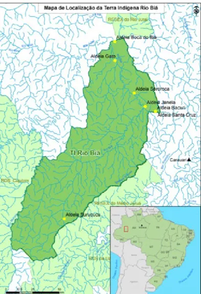 Figura 1 – Território Rio Biá (Amazonas, Brasil), com localização das  aldeias Katukina, em 2011