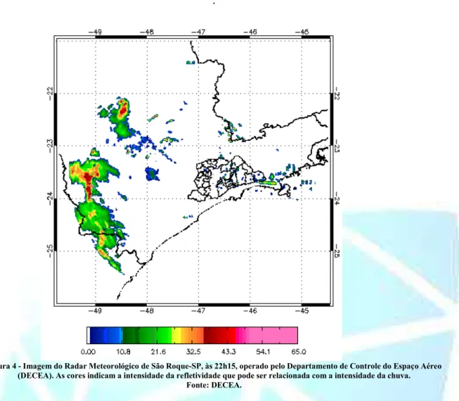 Figura 4 - Imagem do Radar Meteorológico de São Roque-SP, às 22h15, operado pelo Departamento de Controle do Espaço Aéreo  (DECEA)