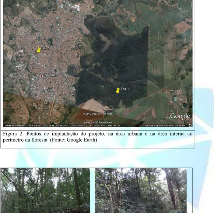Figura  2.  Pontos  de  implantação  do  projeto,  na  área  urbana  e  na  área  interna  ao  perímetro da floresta