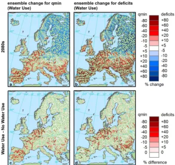 Fig. 9. Ensemble-average change in 20 yr return level minimum flow and deficit volumes due to climate change and water  consump-tion between the 2080s and the control period (top row) and  cor-responding differences with ensemble-average changes driven onl