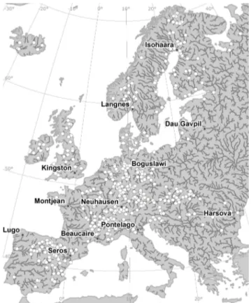 Fig. 1. Location of the 446 gauging stations used to evaluate simu- simu-lated streamflow drought indices