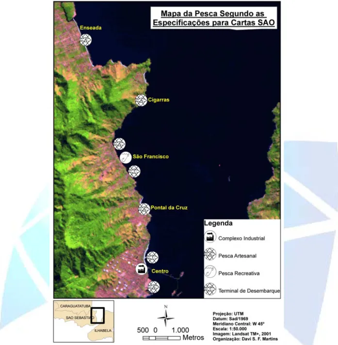 Figura 3. Mapa da pesca segundo as especificações para Cartas SAO. Região norte do litoral de  São Sebastião