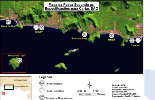Figura 4. Mapa da pesca segundo as especificações para Cartas SAO. Região central do litoral de  São Sebastião