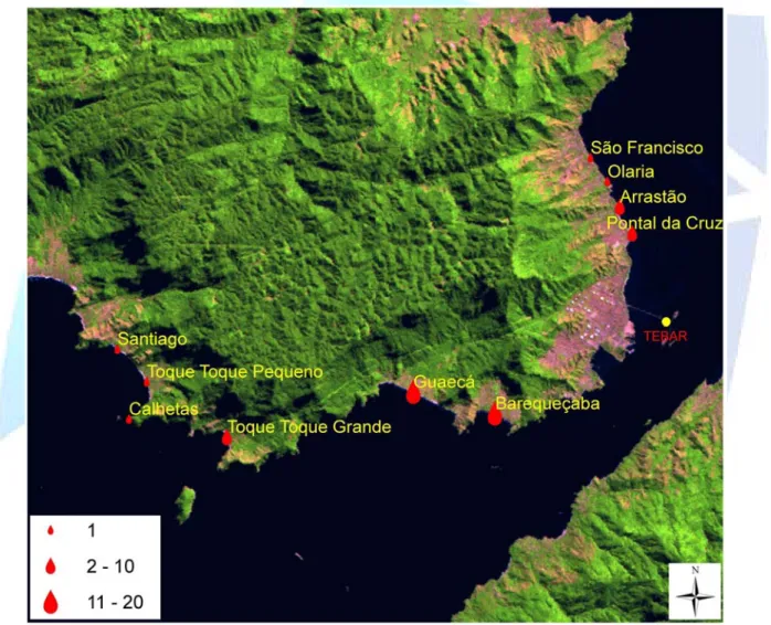 Figura 1.  Mapa das praias mais atingidas pelos derramamentos de óleo no município de São  Sebastião