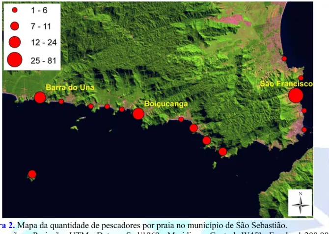 Figura 2. Mapa da quantidade de pescadores por praia no município de São Sebastião. 