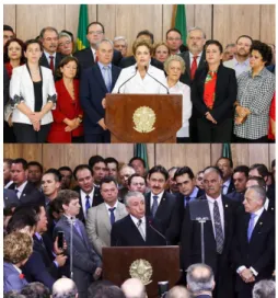 Figura  2:  Fotografias,  em  contraste,  do  pronunciamento de Dilma Rousseff no  Palácio do Planalto às vésperas de seu  afas-tamento (11/05/2016) e do discurso de  posse de Michel Temer como presidente  interino após admissão do processo do  im-peachmen