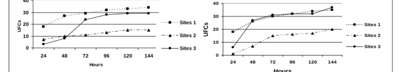 Figure 1 - Counting of heterotrofic bacteria collected samples september/2008 (a) and january/2009 (B) 