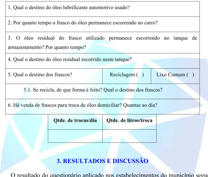 Tabela 1 - Questionário aplicado nos postos de combustíveis e centros de lubrificação do município  de Rio Claro-SP 