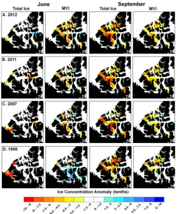 Figure 3. Spatial distribution of June and September total ice and multi-year ice (MYI) 