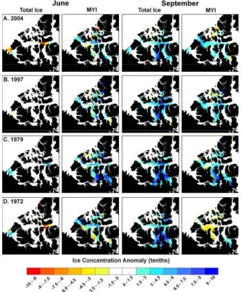 Figure 4. Spatial distribution of June and September total ice and multi-year ice (MYI) 