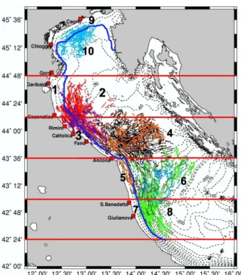 Fig. 2. Green tracks indicate the hauls carried out by the fishing vessel from Giulianova, in dark green and cyan the hauls of the two trawlers from S