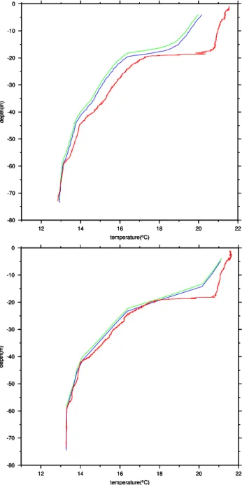 Fig. 4. Two examples of temperature profiles collected using Sea Bird CTD (red curve), Star Oddi Milli sensor (green curve) and Star Oddi Logic Sensor (blue curve).