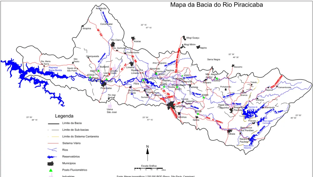 Figura 01 –  Mapa da Bacia Hidrográfica do rio Piracicaba, com a localização dos corpos de água principais, postos fluviométricos,  municípios e indústrias