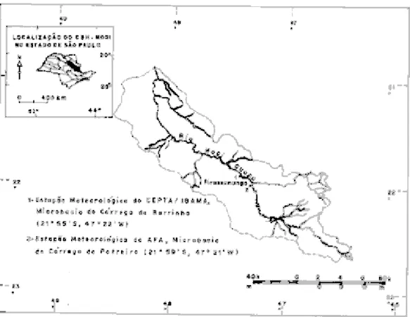 Figura 1 – Localização das Estações Meteorológicas nas microbacias do Córrego da  Barrinha e do Potreiro na Bacia do Rio Mogi-Guaçu