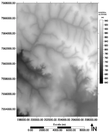 Figura 8 – Modelo Digital do Terreno, obtido através do programa SURFER.