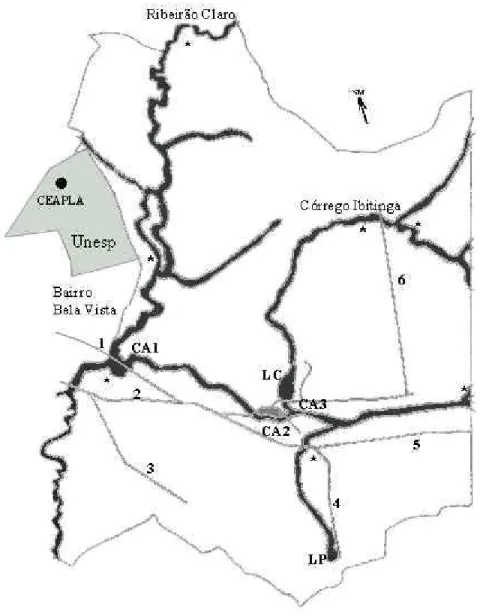 Figura 1. Mapa da Floresta Estadual &#34;Edmundo Navarro de Andrade&#34;, Rio Claro, São  Paulo, sendo: &#34;CA1, CA2 e CA3&#34; Campos abertos alagáveis; &#34;LC&#34; Lago Central; &#34;LP&#34; 