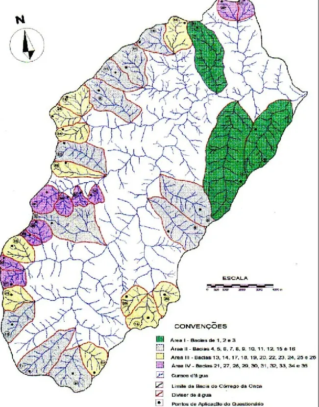 Figura 1 – Mapa da rede de drenagem do Córrego da Onça com as Áreas Edáficas.