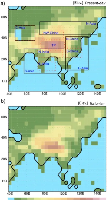 Fig. 1. The orography for the present-day control run (a) and the Tortonian run (b) of the global model