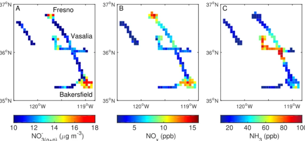 Figure 3. NO − 3 (g+p) (µg m − 3 ) (a), NO x (ppb) (b), and NH 3 (ppb) (c) measured onboard the NASA P-3B below the fully formed afternoon boundary layer on the same days averaged to a 0.05 ◦ × 0.05 ◦ grid.