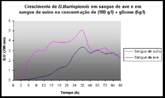 Figura 1 - Comparação do crescimento de Bacillus thuringiensis em sangue de ave e em  sangue de suíno na concentração de 100 g/l e glicose 6 g/l.