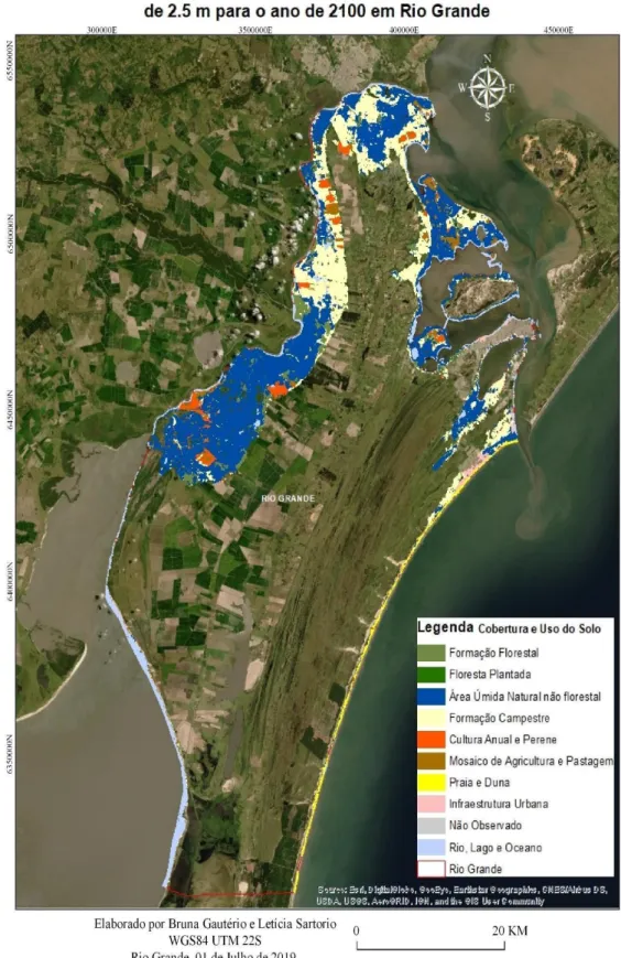Figura 2: Área de uso e cobertura do solo atingida pelo cenário de inundação de 2.5 m  para o ano de 2100 em Rio Grande - RS