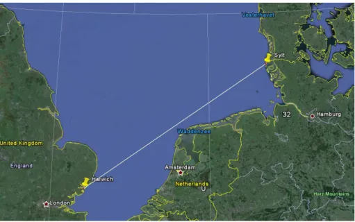 Figure 1. Loran-C propagation path between Sylt and Harwich (image from Google ™ Earth).