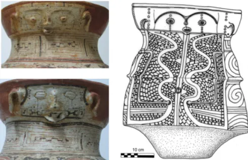 Figure 8 – Left: human faces made in relief  of  the neck of  two Aristé painted urns from  the Trou Biche cave, in the Bruyère Hill in the mouth of  Oyapock, collection of  Museum  of  Guyanese Culture, Cayenne (photo S