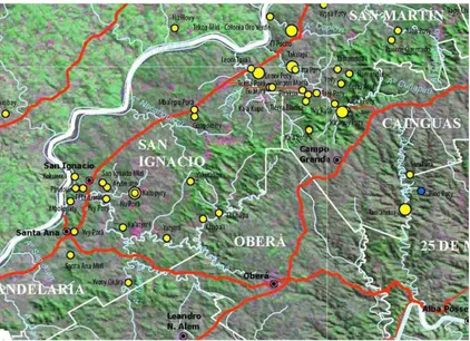 Figura 1 - Fragmento del mapa Guarani Reta 2008. Pueblos Guaraníes en las fronteras de Ar- Ar-gentina, Brasil y Paraguay