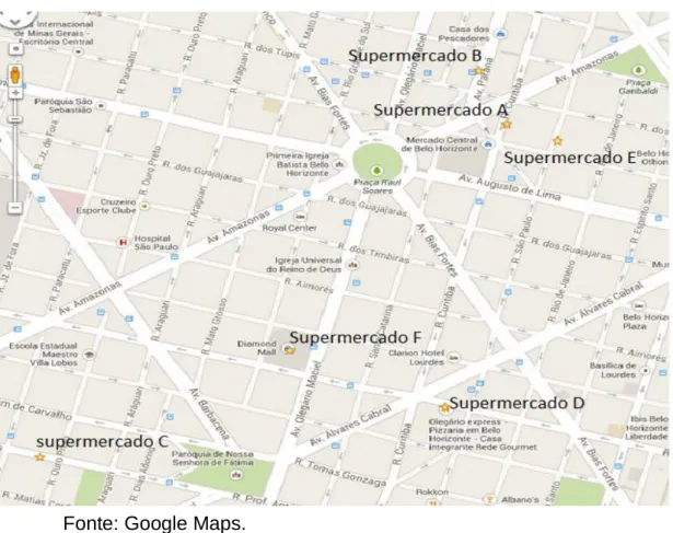 Figura 1 - Localização dos supermercados na área central de Belo Horizonte 