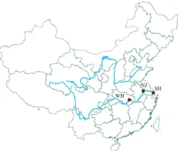 Figure 1. Locations of Wuhan (WH), Nanjing (NJ), and Shanghai (SH) in China.