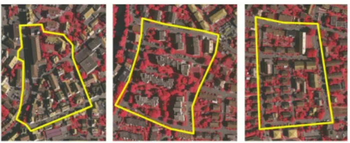 Figure 1. Test sites of scene Vaihingen. ’Inner City’ (Area 1, left), ’High-Riser’ (Area 2, middle) and ’Residential’ (Area 3, right) (Rottensteiner et al., 2014)