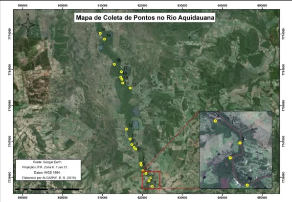 Figura 1. Mapa de coleta de pontos no rio Aquidauana, localizado no município de Aquidauana –  MS