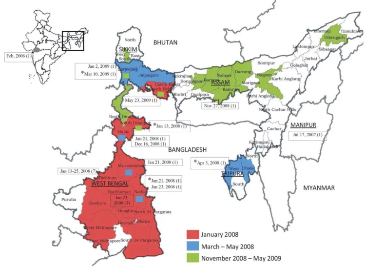 Figure 1. Location of highly pathogenic avian influenza (HPAI) Influenza A H5N1 virus outbreaks during 2008-09 in India