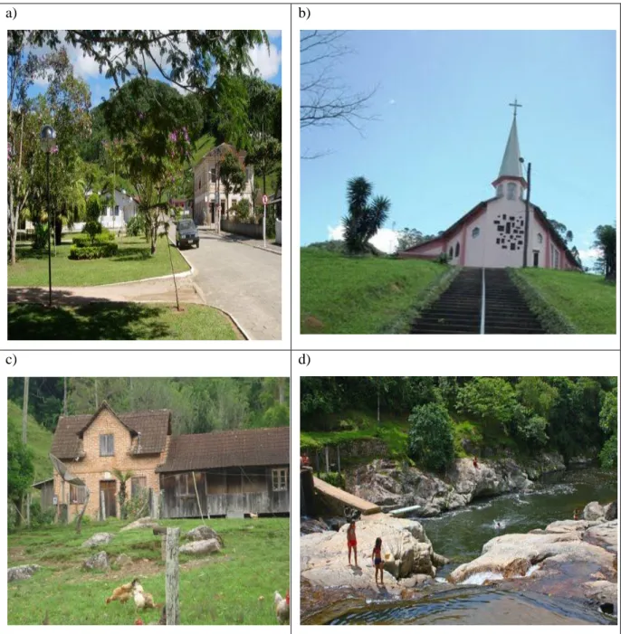Figura 1: Registros fotográficos de Anitápolis: a) Praça central; b) Igreja Matriz c) Propriedade  típica da região; d) Cachoeiras