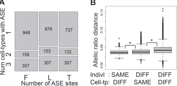 Figure 3. Allele-specific expression cell-type and individual effects. (A) Overlap of Allele-Specific Expression (ASE) across cell-types illustrated by the relative amount of ASE sites ( P &lt; 0.005) in each cell-type (x-axis) found in one, two or three c