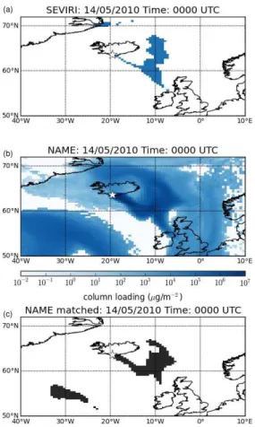 Figure 1. Ash column loading at 00:00 UTC on 14 May 2010 (a) by the satellite (with 5 h smoothing), (b) simulated by NAME, (c) NAME simulated ash cloud after pixel matching (i.e.