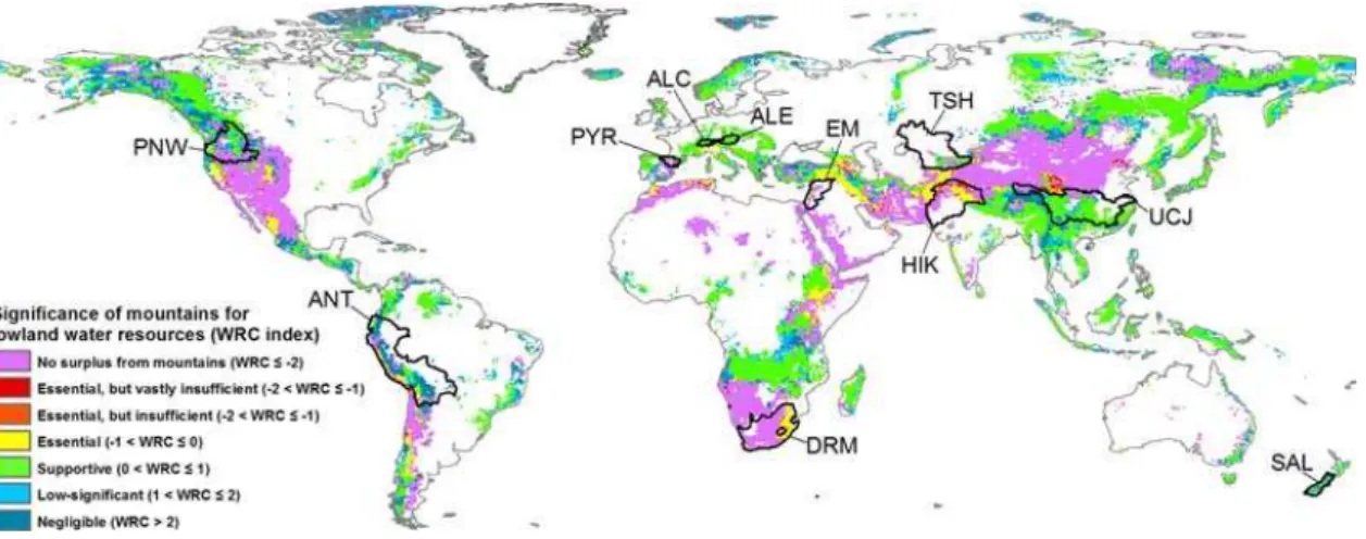Fig. 1. Location of our case-study regions on a world map at a resolution of 0.5 ◦ × 0.5 ◦ showing the significance of mountain regions for lowland water resources (following Viviroli et al., 2007).