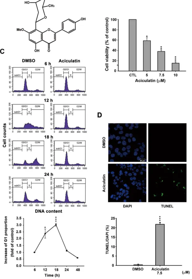 Figure 1. Effect of aciculatin on cell viability and cell cycle in human cancer cells