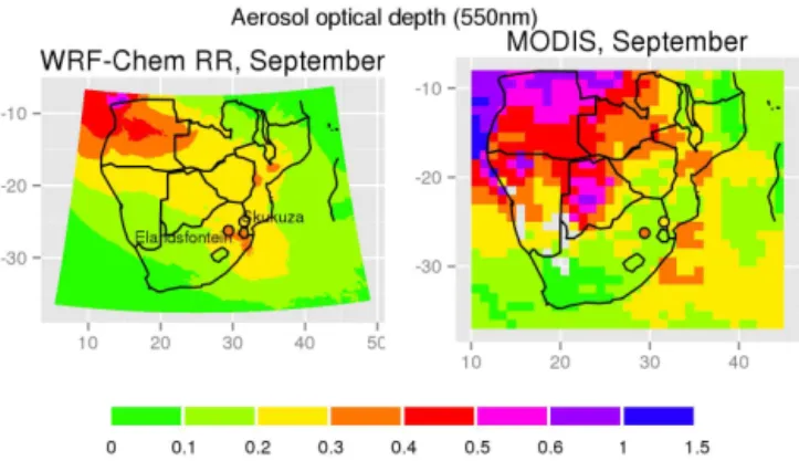 Figure 9. Comparison of modeled AOD with MODIS satellite ob- ob-servations, September 2010.