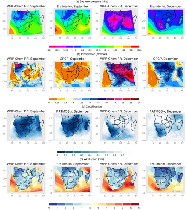 Figure 2. Selected meteorological variables, monthly means for September and December 2010, comparison of WRF-Chem model results with different data sets (a – sea level pressure, comparison with ERA-Interim reanalysis data, b – precipitation amount, compar