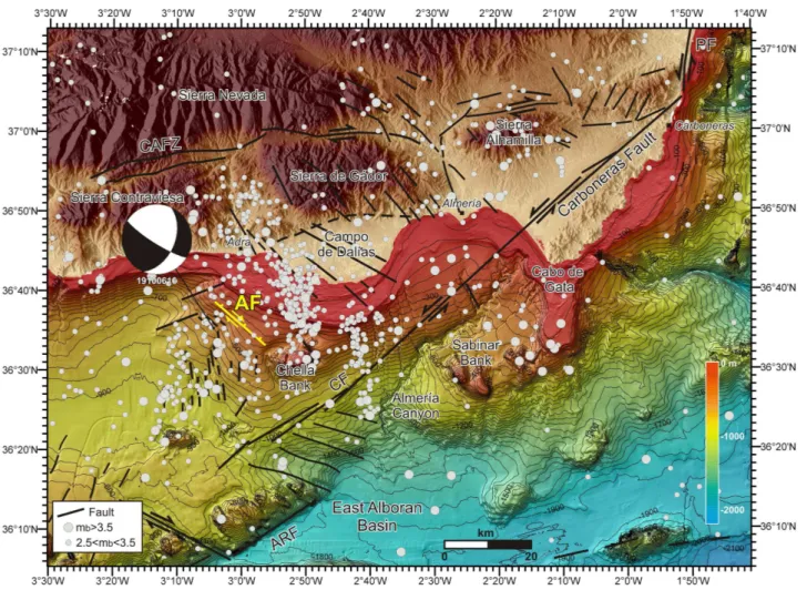 Fig. 7. Topographic and colour-shaded bathymetric map (isobaths every 50 m) of the Almer´ıa–Adra margin