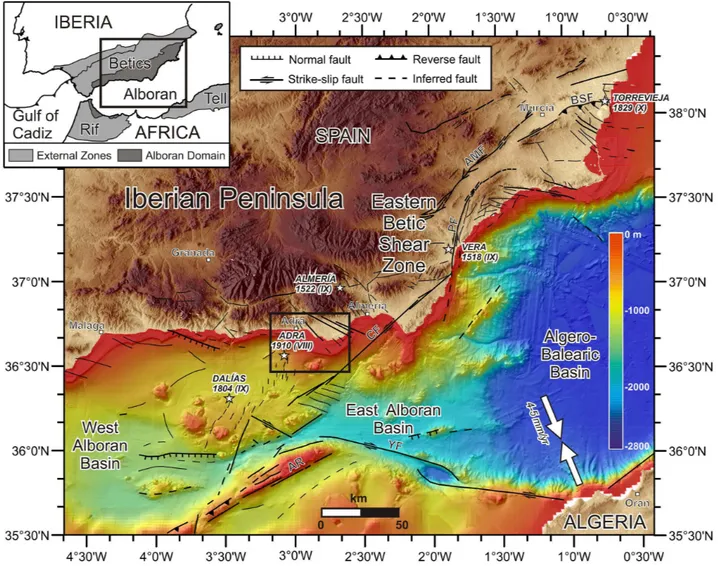 Fig. 1. Regional topographic and bathymetric map of the southeast Iberian margin constructed from digital grids released by SRTM-3, IEO bathymetry (Ballesteros et al., 2008; Mu˜noz et al., 2008) and MEDIMAP multibeam compilation (MediMap et al., 2008) at ∼