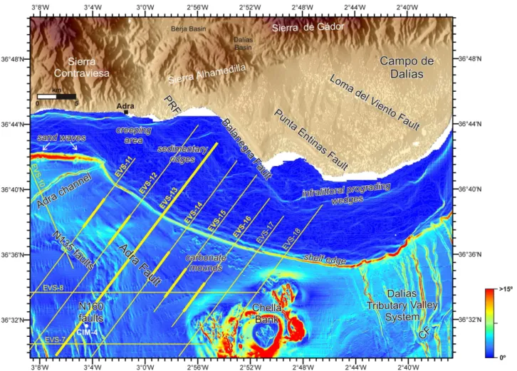 Fig. 3. Slope map of the Adra–Almer´ıa shelf and upper slope with the location of the main features (illumination from the NE, scale in degrees)